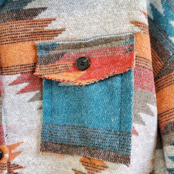 New Aztec Distressed Flannel Jacket Coat Shacket Button Up Top Blue Red - Picture 8 of 13